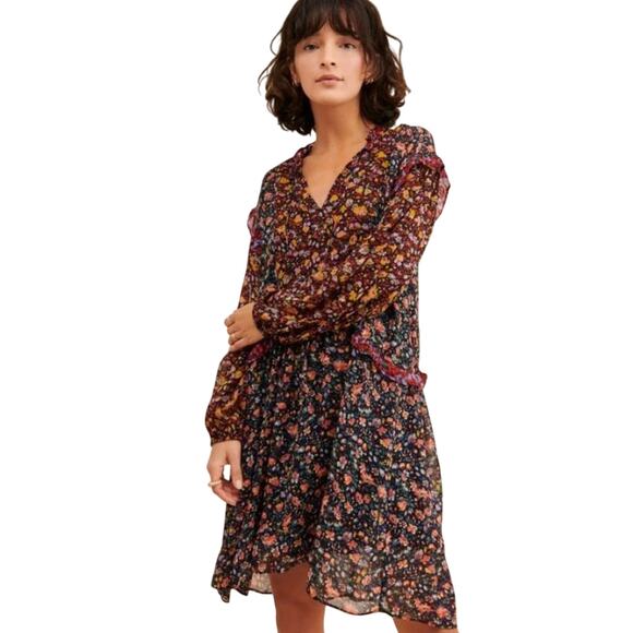 By Anthropologie Helene Black Floral Ruffled Chiffon Semi Sheer Tunic Dress Med. - Picture 3 of 16